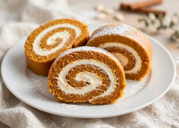 Sliced pumpkin roll with cream cheese filling showing the spiral swirl