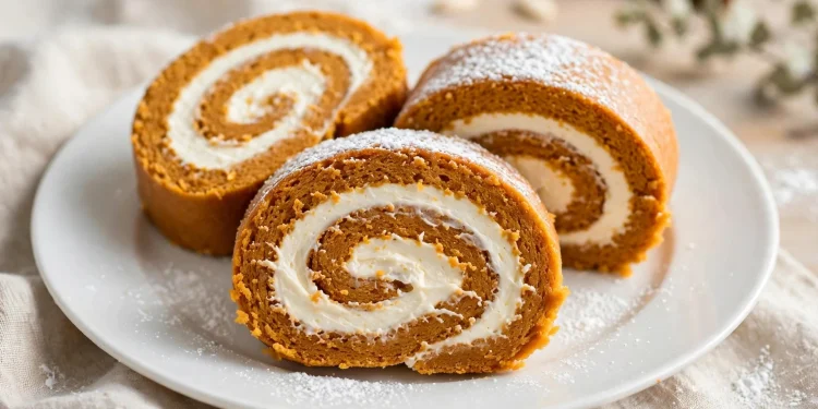 Sliced pumpkin roll with cream cheese filling showing the spiral swirl