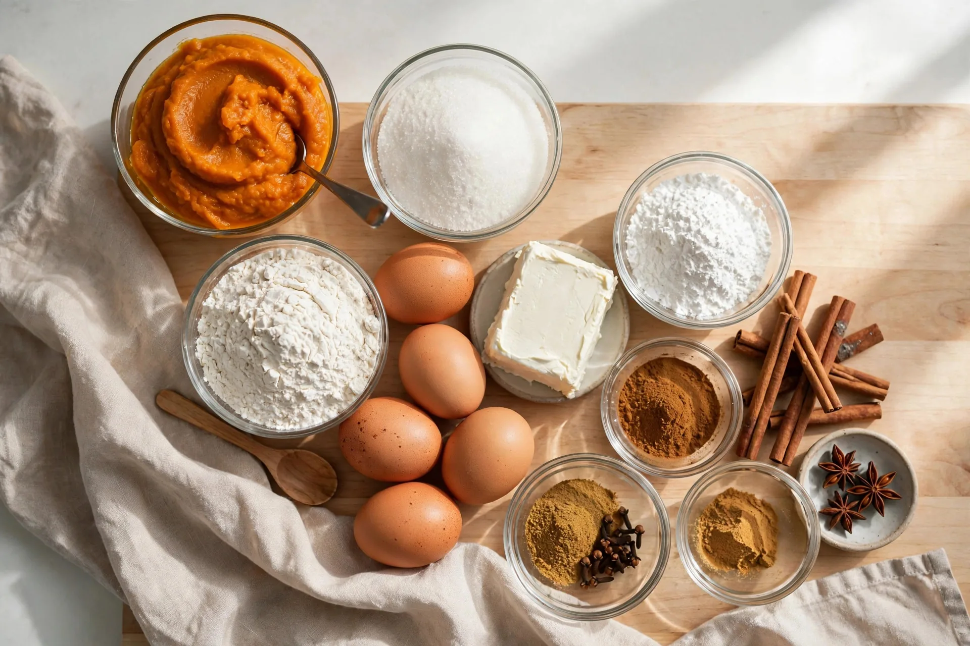Ingredients for pumpkin roll with cream cheese filling on a kitchen counter