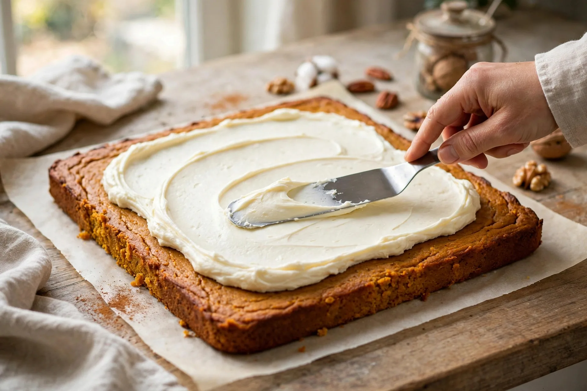 Spreading cream cheese filling over a baked pumpkin cake sheet