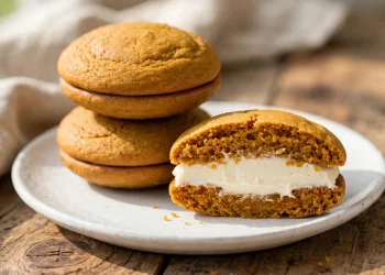 Pumpkin whoopie pies with cream cheese filling stacked on a white plate