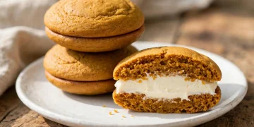 Pumpkin whoopie pies with cream cheese filling stacked on a white plate