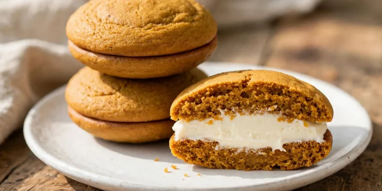 Pumpkin whoopie pies with cream cheese filling stacked on a white plate