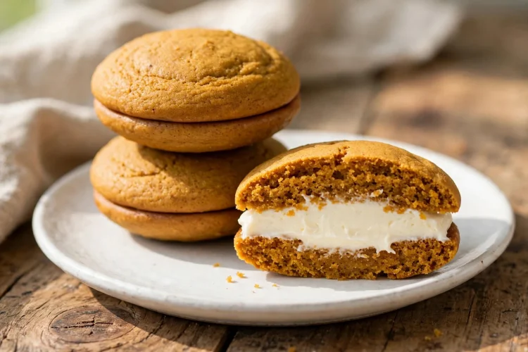 Pumpkin whoopie pies with cream cheese filling stacked on a white plate