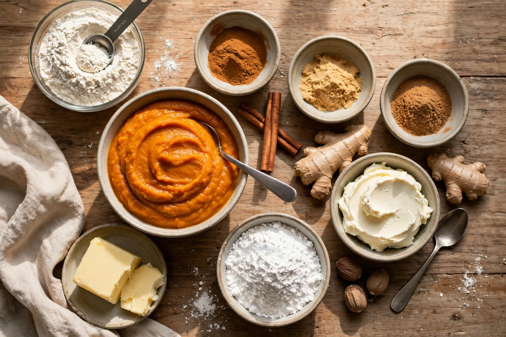 Pumpkin puree, flour, spices, cream cheese, powdered sugar and butter laid out