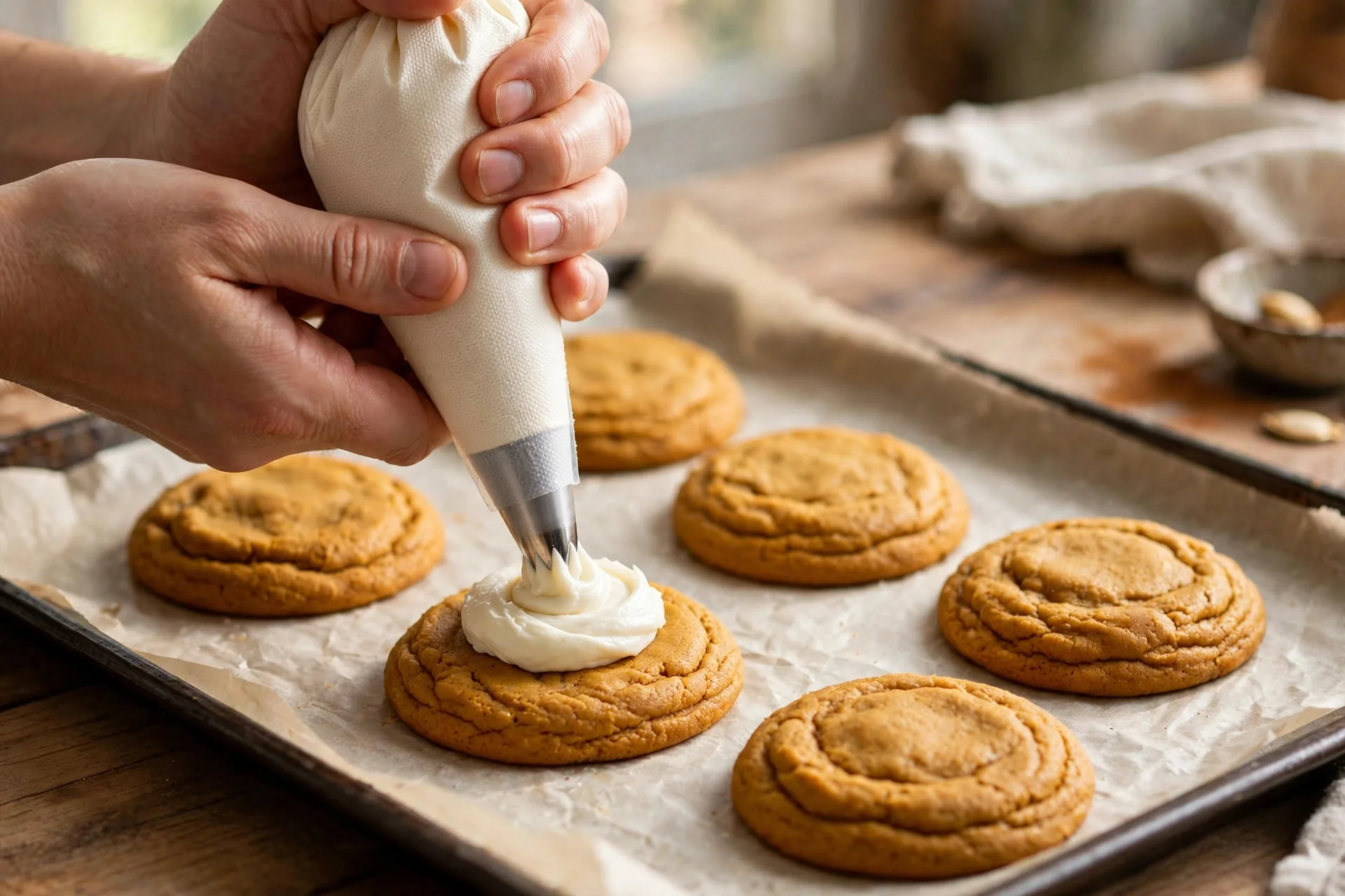Hands piping cream cheese filling onto a soft pumpkin cake round