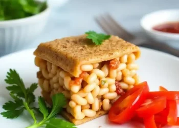 A square slice of baked beans sandwiched between two pieces of bread, garnished with parsley, sits on a white plate with sliced cherry tomatoes—a Quick Recipe from Jalbiteworldfood. Bowls of herbs and sauce are blurred in the background.