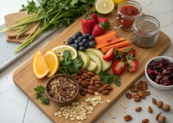 A wooden board with sliced oranges, cucumbers, strawberries, blueberries, papaya, nuts, seeds, parsley, whole grain crackers, dried cranberries—perfect inspiration for raw vegan recipes. Fresh herbs and lemon are nearby with jars of salsa and chia seeds.