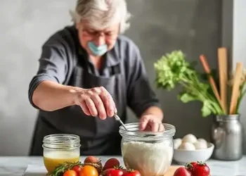 An elderly person wearing a mask and apron mixes ingredients in a glass bowl at a kitchen counter, surrounded by fresh vegetables and strawberries on a wooden board, preparing nutritious recipes for ALS patients.