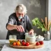 An elderly person wearing a mask and apron mixes ingredients in a glass bowl at a kitchen counter, surrounded by fresh vegetables and strawberries on a wooden board, preparing nutritious recipes for ALS patients.
