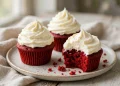 Red velvet cupcakes topped with swirled cream cheese frosting
