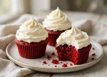 Red velvet cupcakes topped with swirled cream cheese frosting