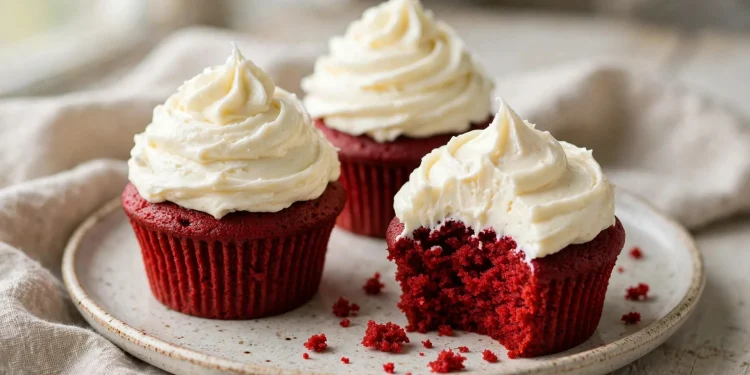 Red velvet cupcakes topped with swirled cream cheese frosting