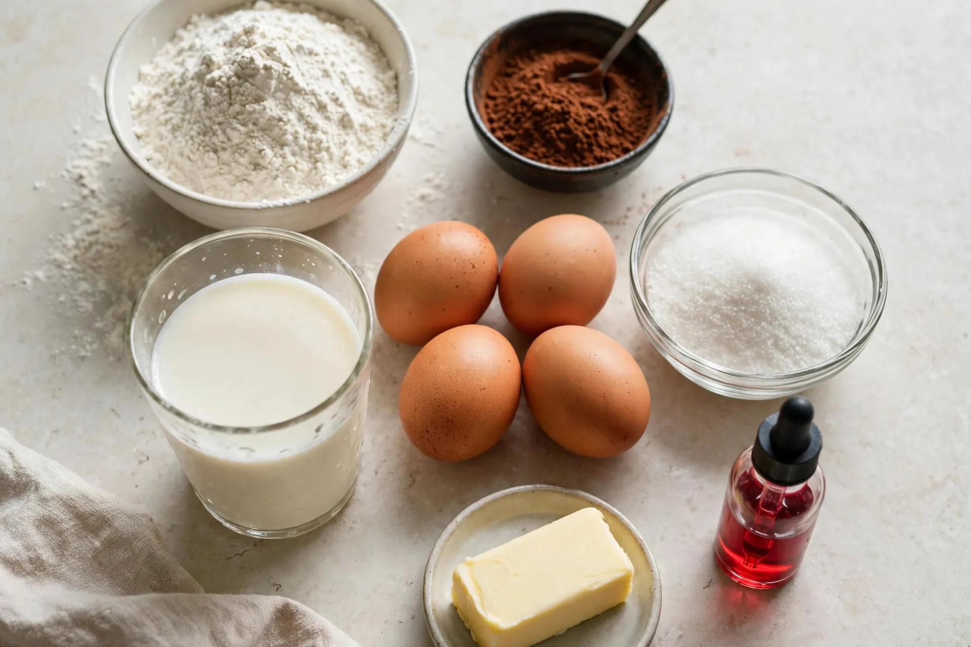 Flour, cocoa, buttermilk, eggs, sugar, and red food coloring for red velvet cupcakes