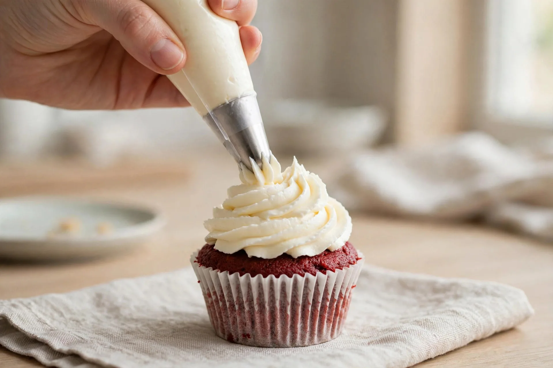 Piping swirled cream cheese frosting onto a red velvet cupcake