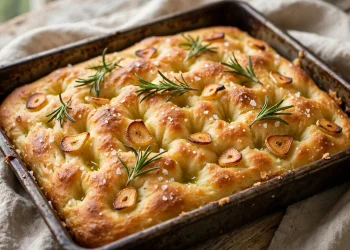 Golden focaccia with deep dimples, fresh rosemary, roasted garlic slices, and flaky salt in a pan