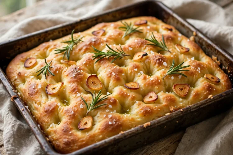 Golden focaccia with deep dimples, fresh rosemary, roasted garlic slices, and flaky salt in a pan