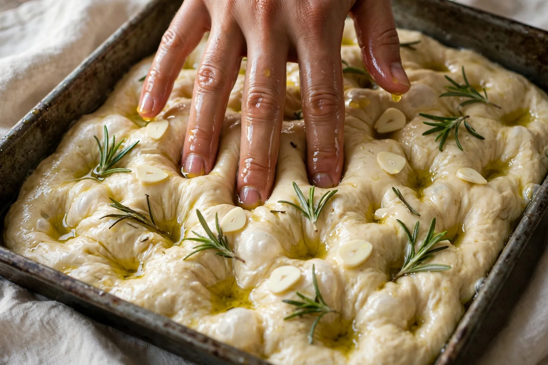 Oiled fingertips pressing deep dimples into raw focaccia dough topped with rosemary and garlic