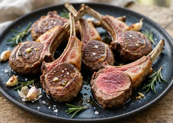 Rosemary garlic lamb chops seared golden brown on a dark platter