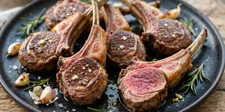Rosemary garlic lamb chops seared golden brown on a dark platter