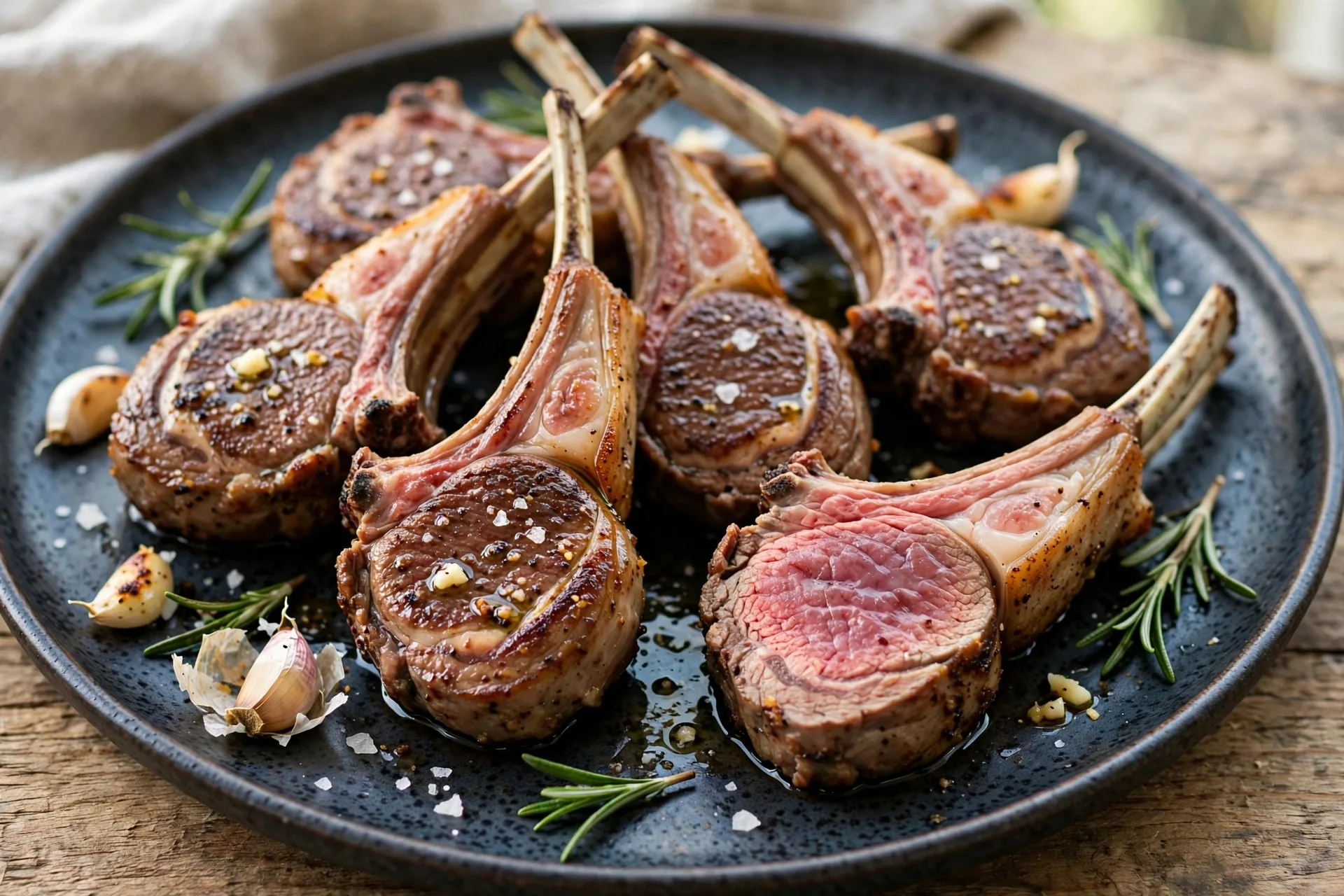 Rosemary garlic lamb chops seared golden brown on a dark platter