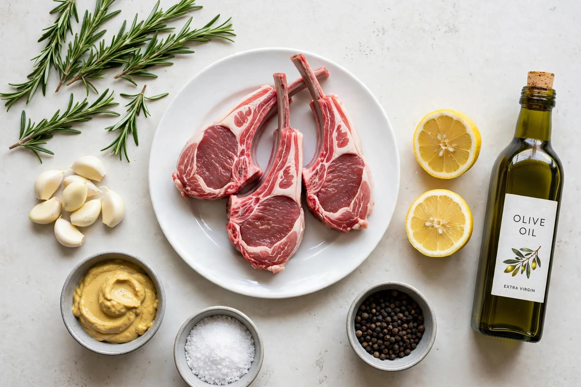 Raw lamb rib chops with rosemary, garlic, Dijon mustard and lemon