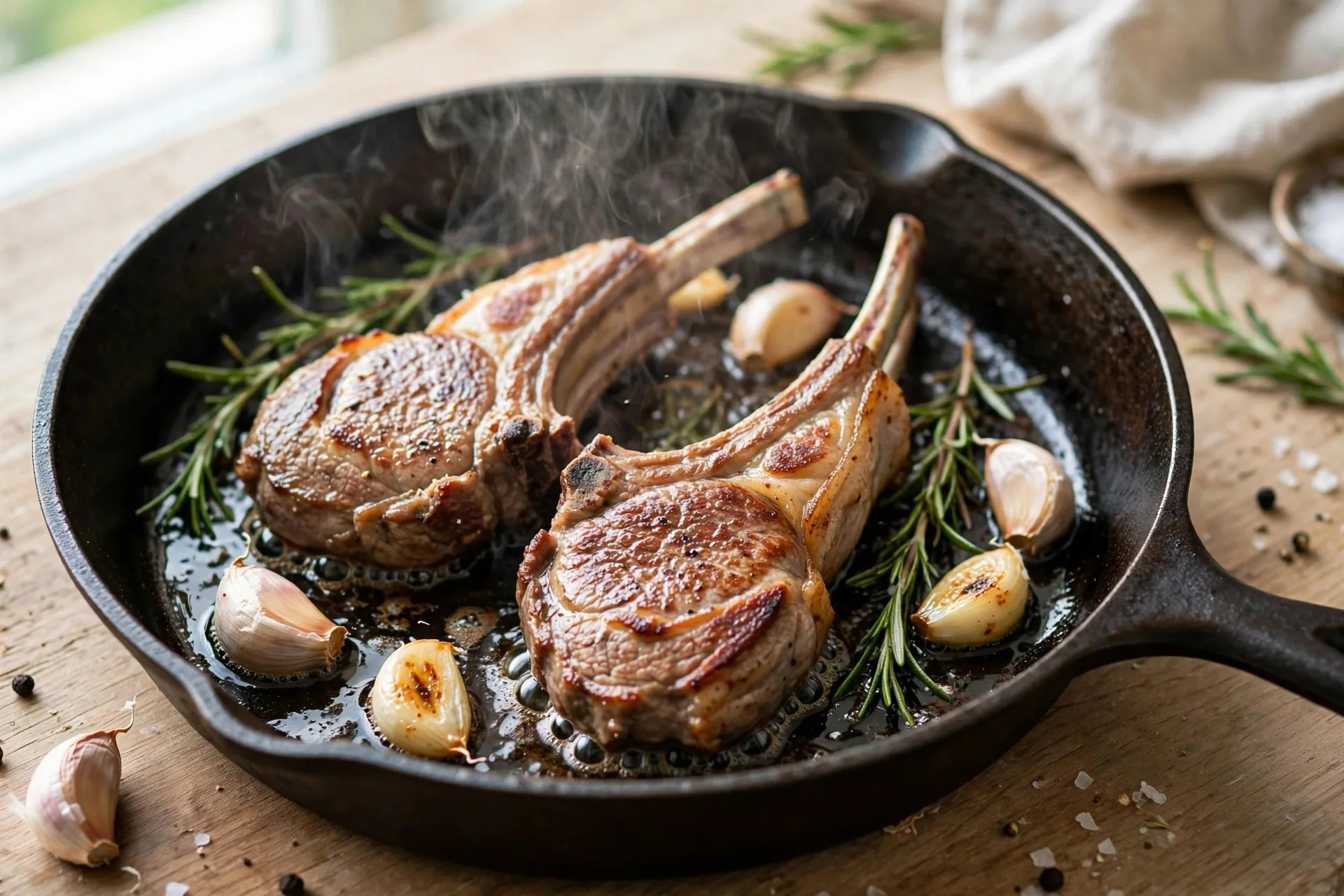 Lamb chops searing in a cast-iron skillet with rosemary and garlic