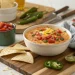 A bowl of cheesy rotel dip recipe, topped with diced tomatoes and green onions, sits on a wooden board with tortilla chips, sliced jalapeño, lime, and a bowl of salsa nearby.