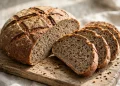 A rustic round rye bread loaf with a deeply scored crust, sliced to show an earthy crumb dotted with caraway seeds