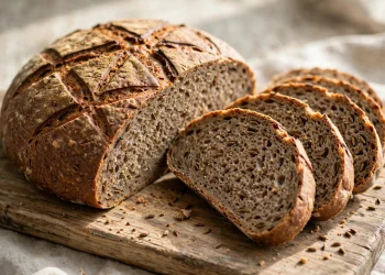 A rustic round rye bread loaf with a deeply scored crust, sliced to show an earthy crumb dotted with caraway seeds
