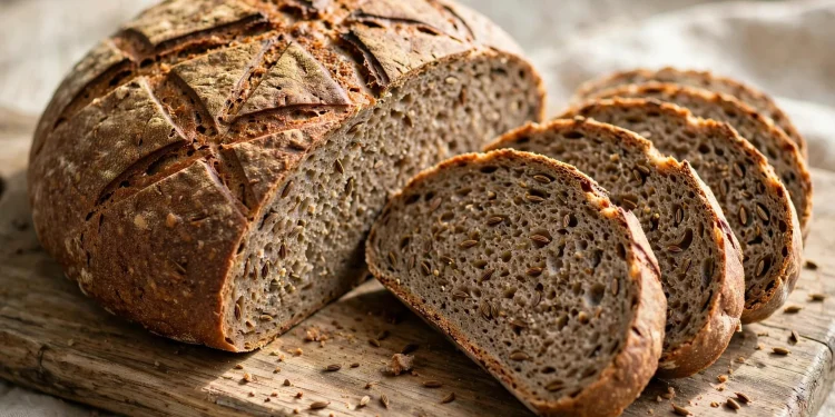 A rustic round rye bread loaf with a deeply scored crust, sliced to show an earthy crumb dotted with caraway seeds