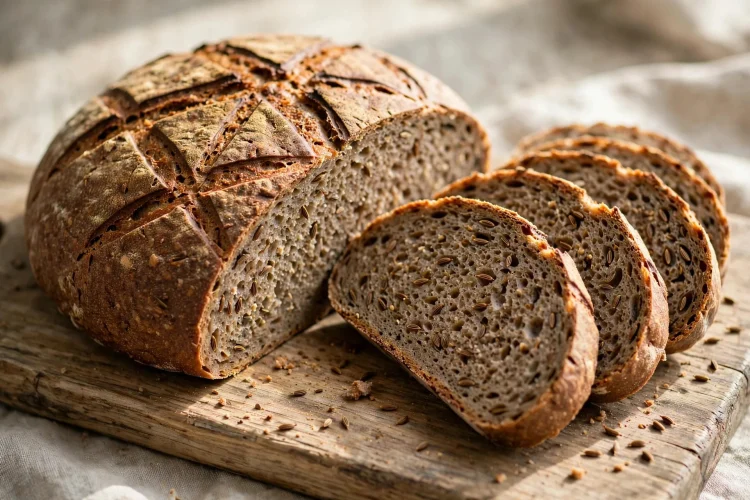 A rustic round rye bread loaf with a deeply scored crust, sliced to show an earthy crumb dotted with caraway seeds