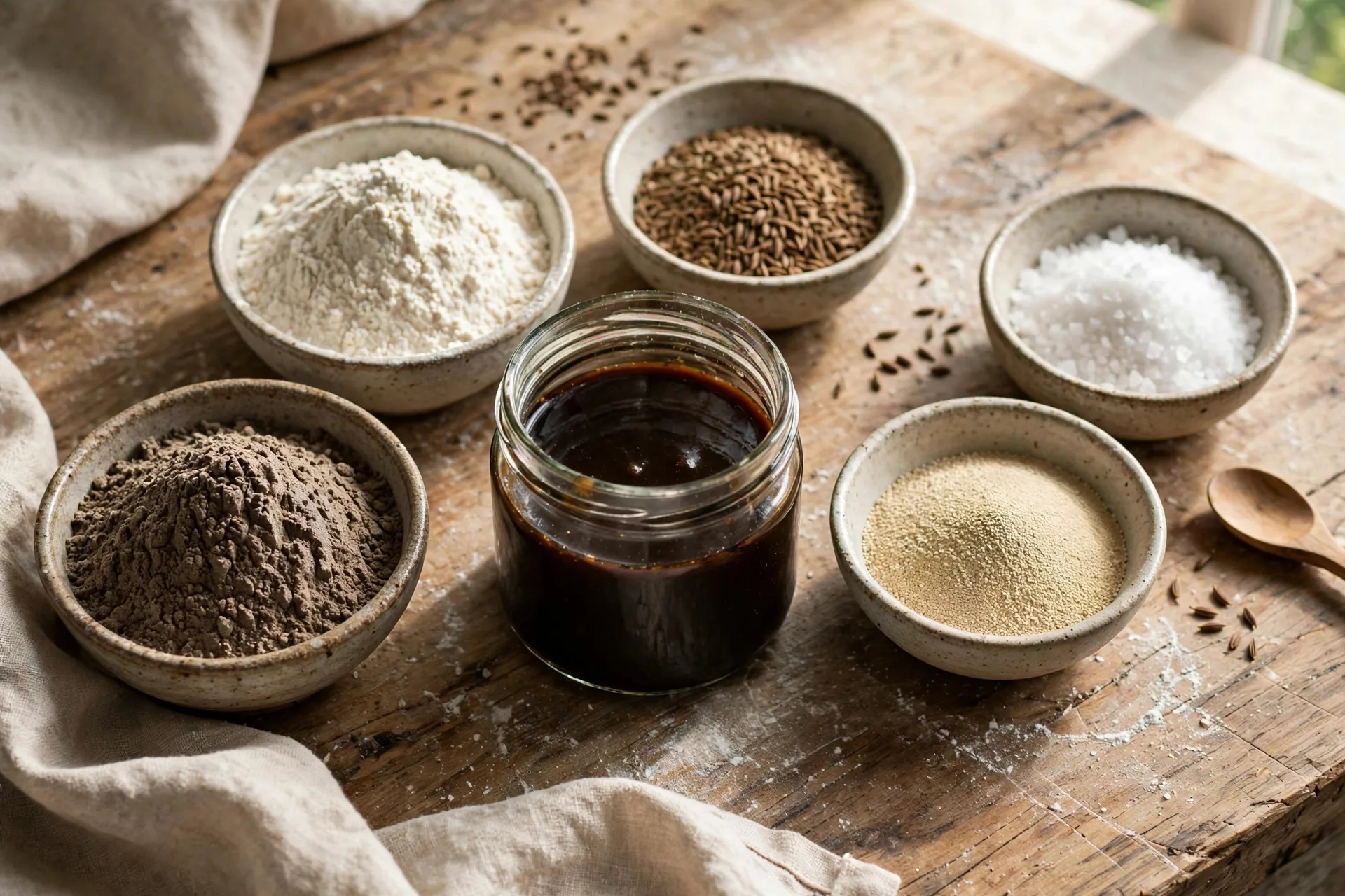 Rustic rye bread ingredients laid out mise en place: rye flour and bread flour, caraway seeds, molasses, cocoa powder, yeast, and salt