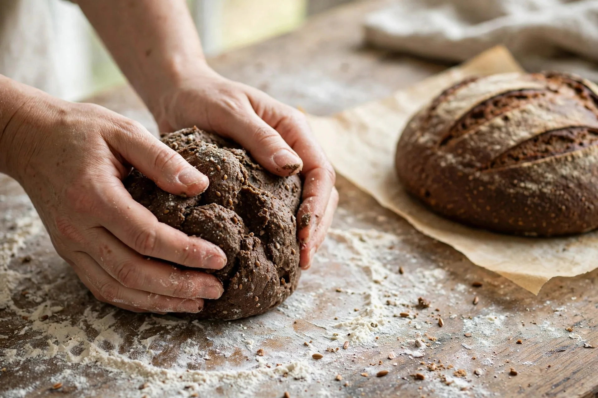 Hands shaping dark rye dough into a round boule on a floured wooden counter