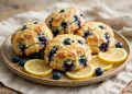 Golden blueberry lemon scones with a lemon glaze drizzle, studded with juicy blueberries, on a rustic plate with lemon slices