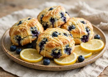 Golden blueberry lemon scones with a lemon glaze drizzle, studded with juicy blueberries, on a rustic plate with lemon slices