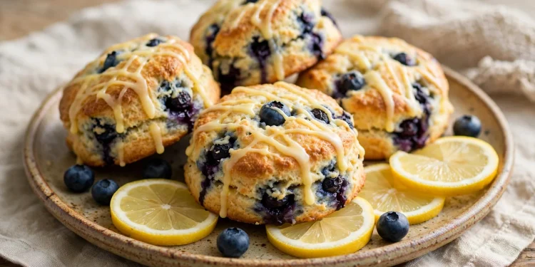 Golden blueberry lemon scones with a lemon glaze drizzle, studded with juicy blueberries, on a rustic plate with lemon slices