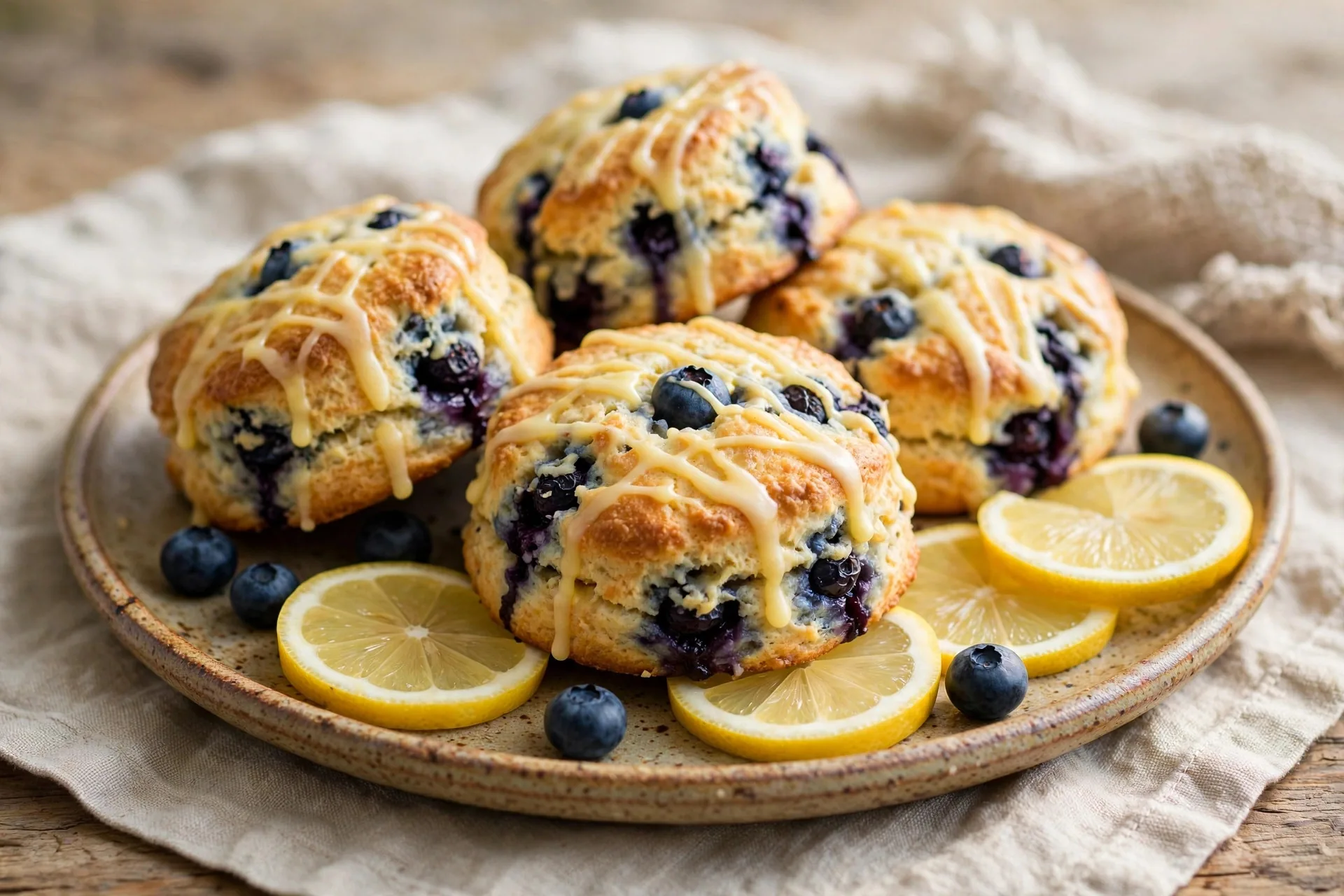 Golden blueberry lemon scones with a lemon glaze drizzle, studded with juicy blueberries, on a rustic plate with lemon slices