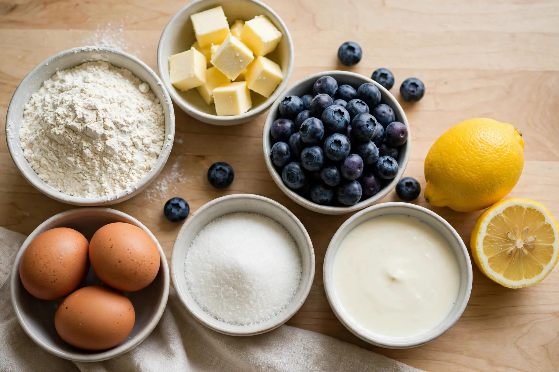 Blueberry lemon scone ingredients laid out mise en place: flour, cold butter cubes, fresh blueberries, lemons, cream, sugar, and eggs