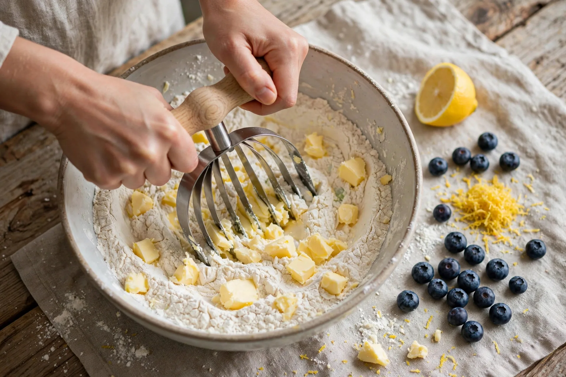 Hands cutting cold butter into flour with a pastry blender in a large bowl, showing pea-sized butter pieces