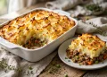 Shepherd's pie with golden mashed potato topping in a white baking dish
