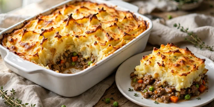 Shepherd's pie with golden mashed potato topping in a white baking dish
