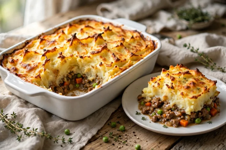 Shepherd's pie with golden mashed potato topping in a white baking dish
