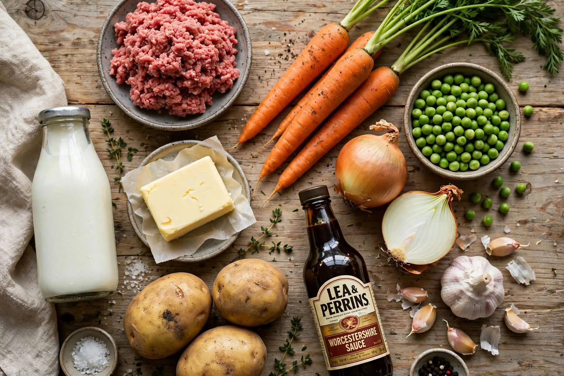 Raw shepherd's pie ingredients laid out on a wooden table