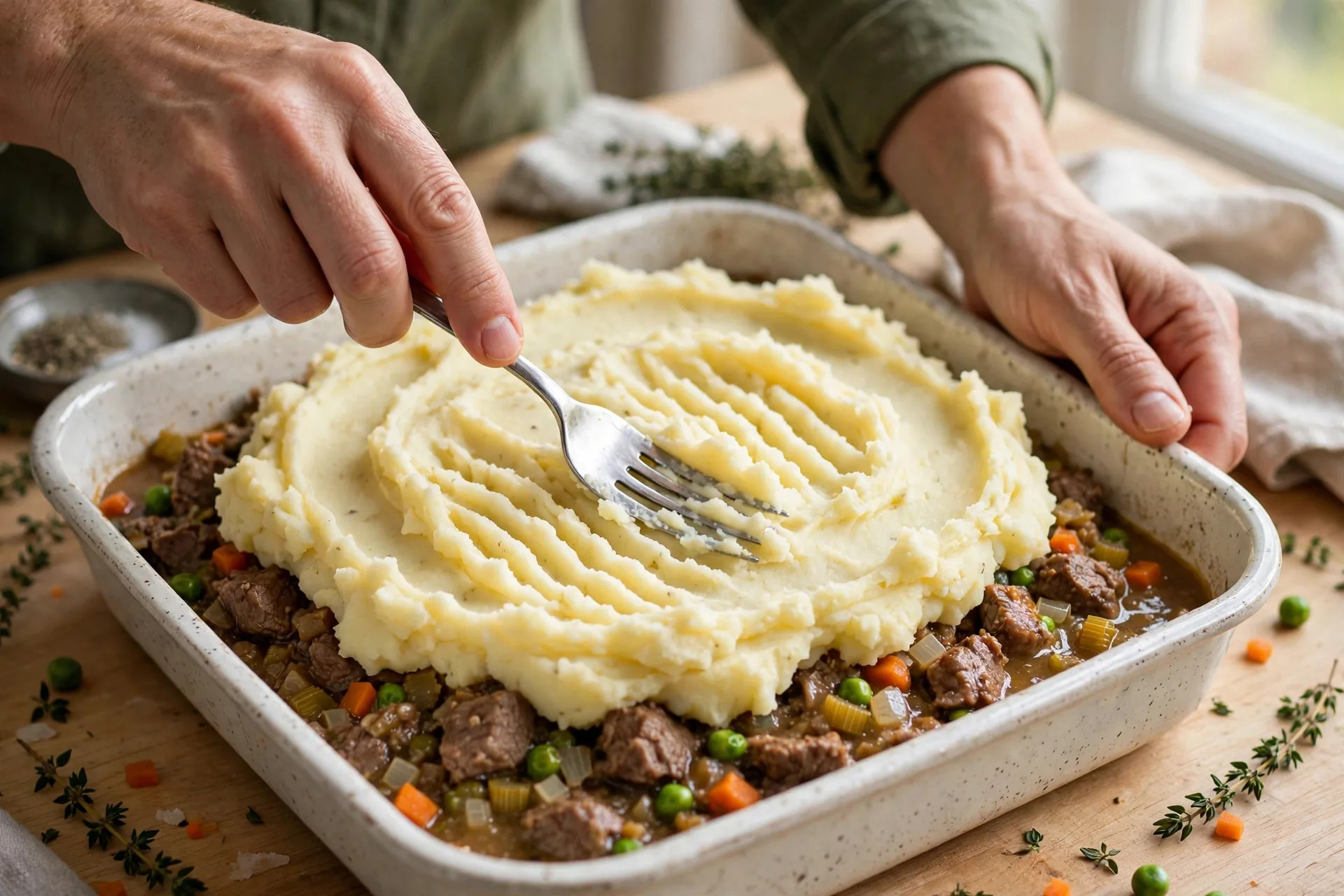 Spreading mashed potatoes over lamb filling with a fork in a baking dish