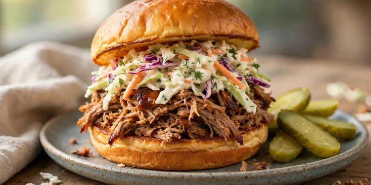 Pulled pork sandwich with coleslaw on a toasted brioche bun