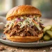 Pulled pork sandwich with coleslaw on a toasted brioche bun