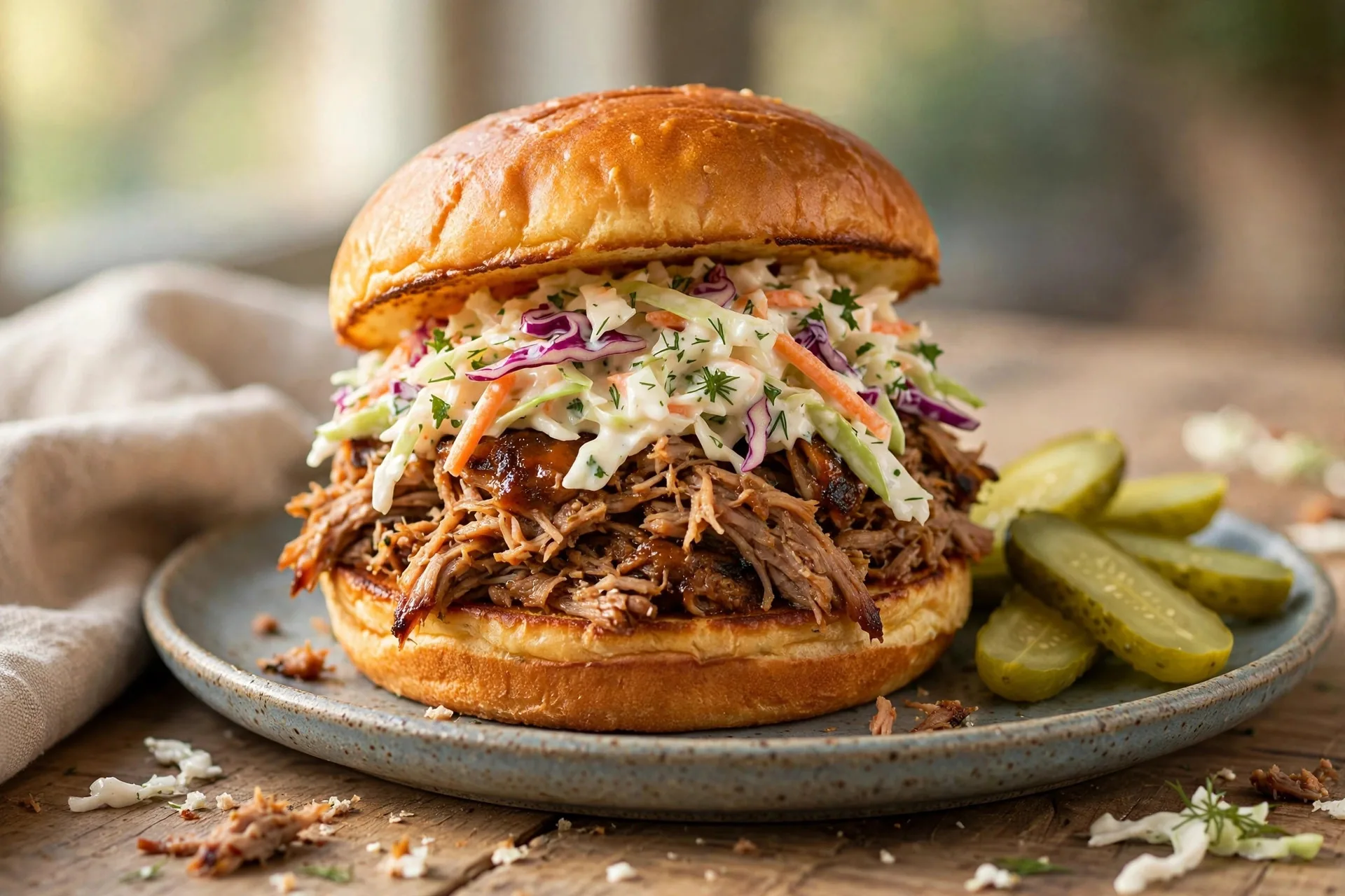 Pulled pork sandwich with coleslaw on a toasted brioche bun