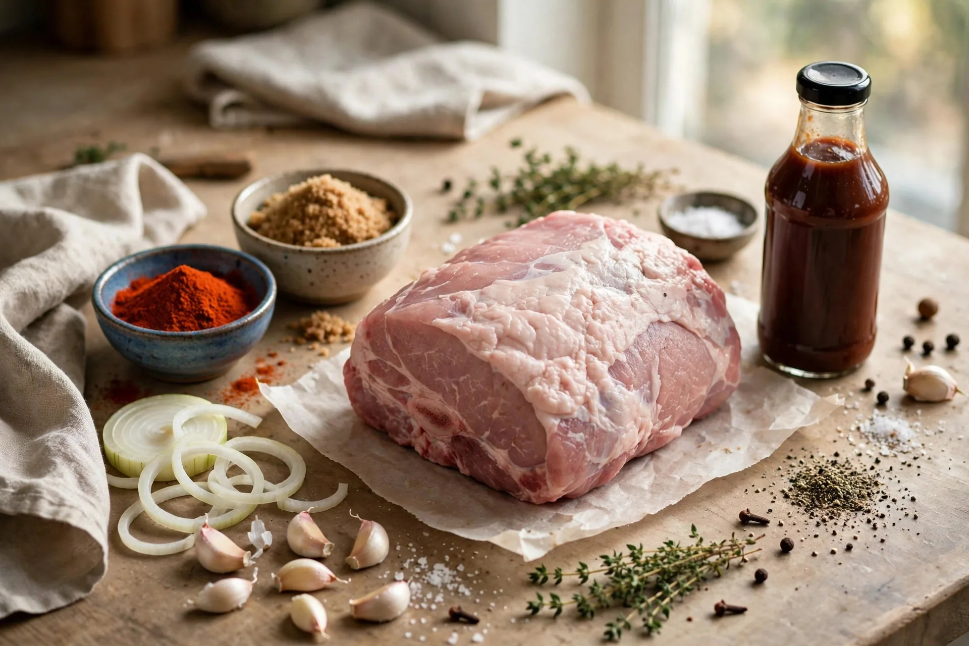 Ingredients for pulled pork: raw pork shoulder, dry rub spices, onion, garlic and barbecue sauce