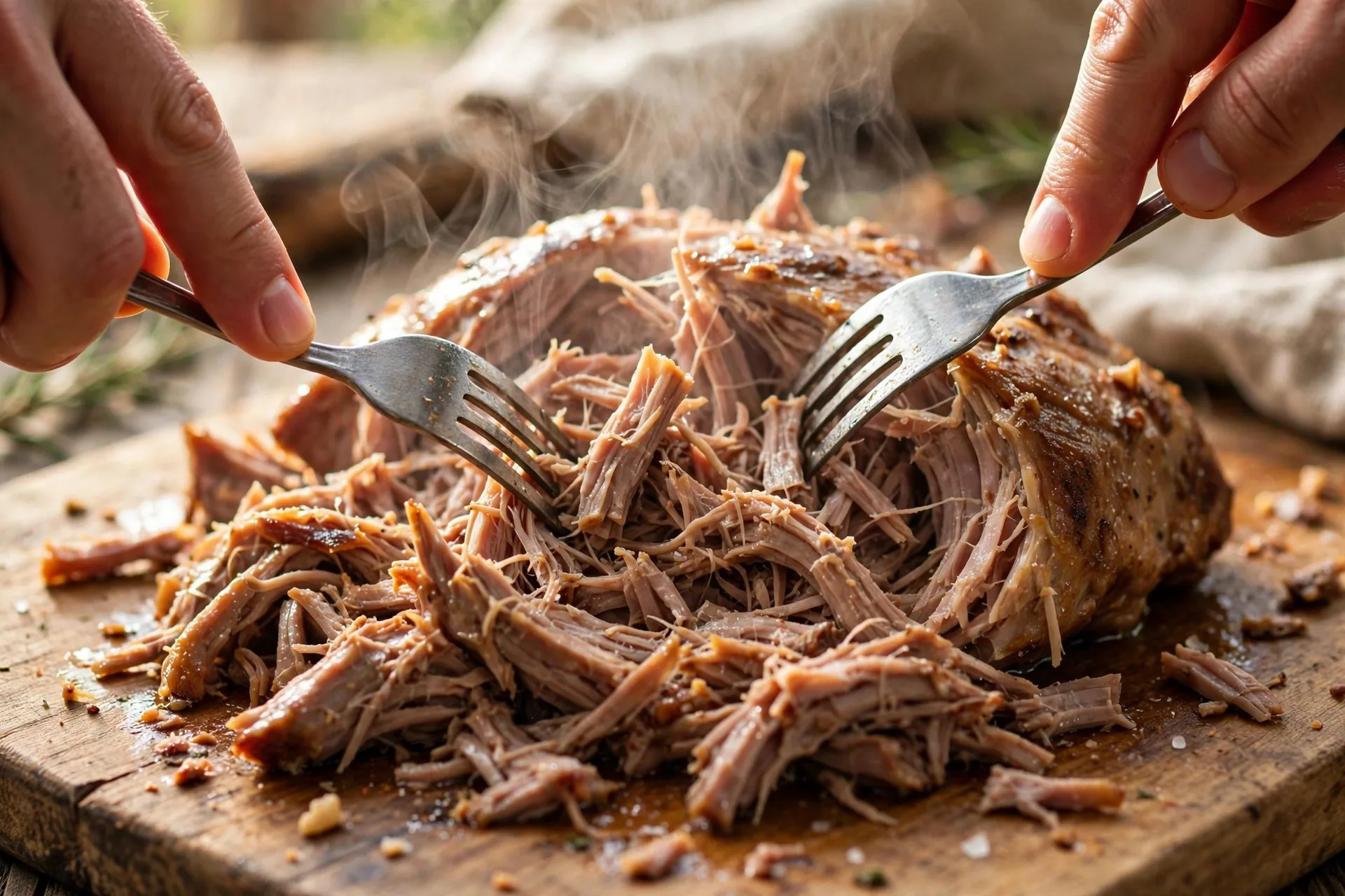Shredding tender slow-cooked pork shoulder with two forks
